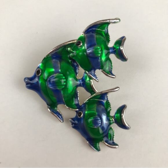 MJ Fish Tropical Enamel School of Angelfish Blue Green Aquatic Ocean Brooch Pin - Picture 3 of 12